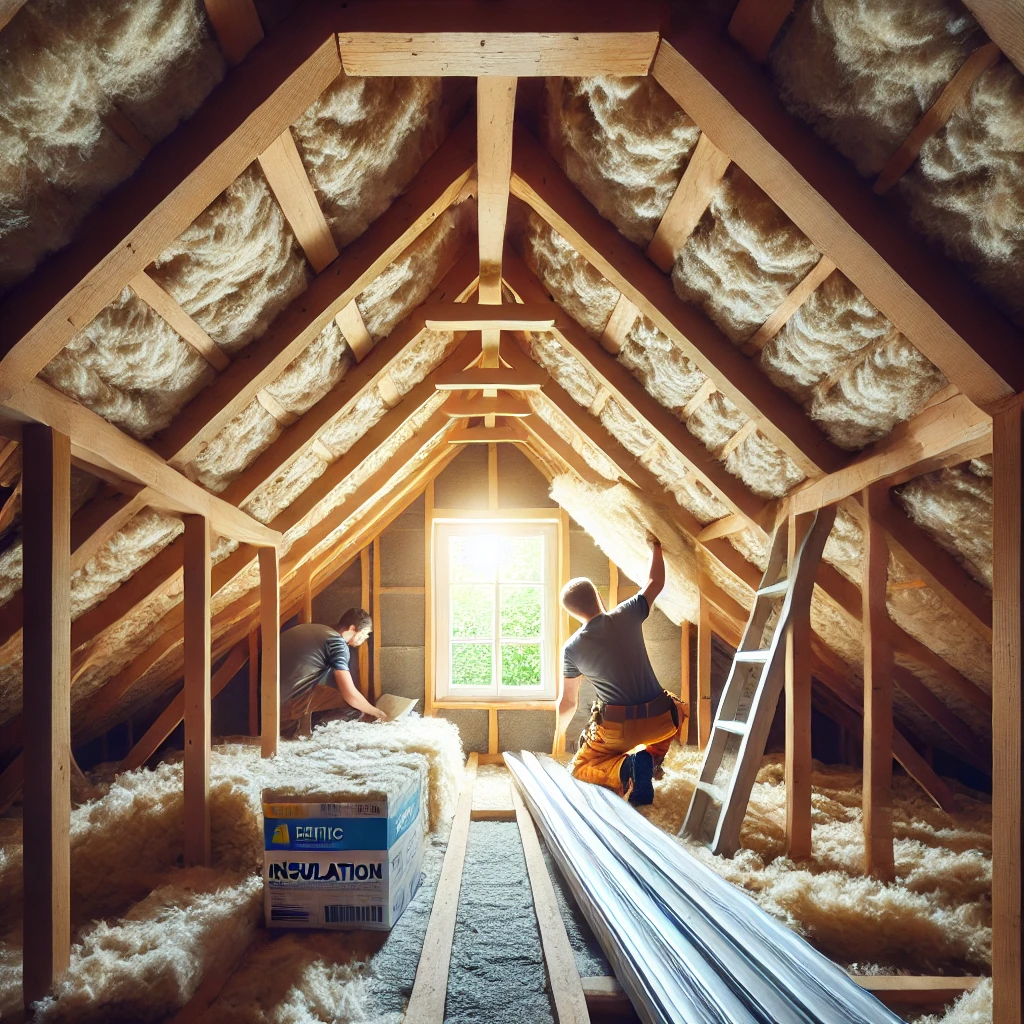 DALL·E 2024-09-04 17.47.16 - A house's attic being insulated with high-quality material. The image shows the insulation process in the attic space, with workers placing thick, dur