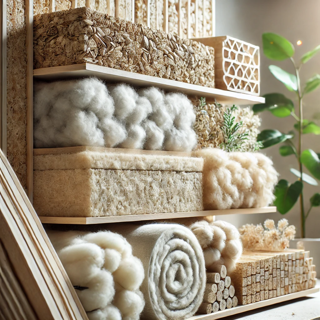 DALL·E 2024-09-04 17.47.23 - An image showcasing eco-friendly insulation materials. The materials are displayed in a clean, well-lit space, featuring natural, sustainable options